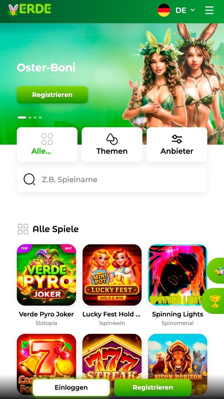 Finden Sie Ihr bevorzugtes Gewinnspiel im Verde Casino-Bereich.