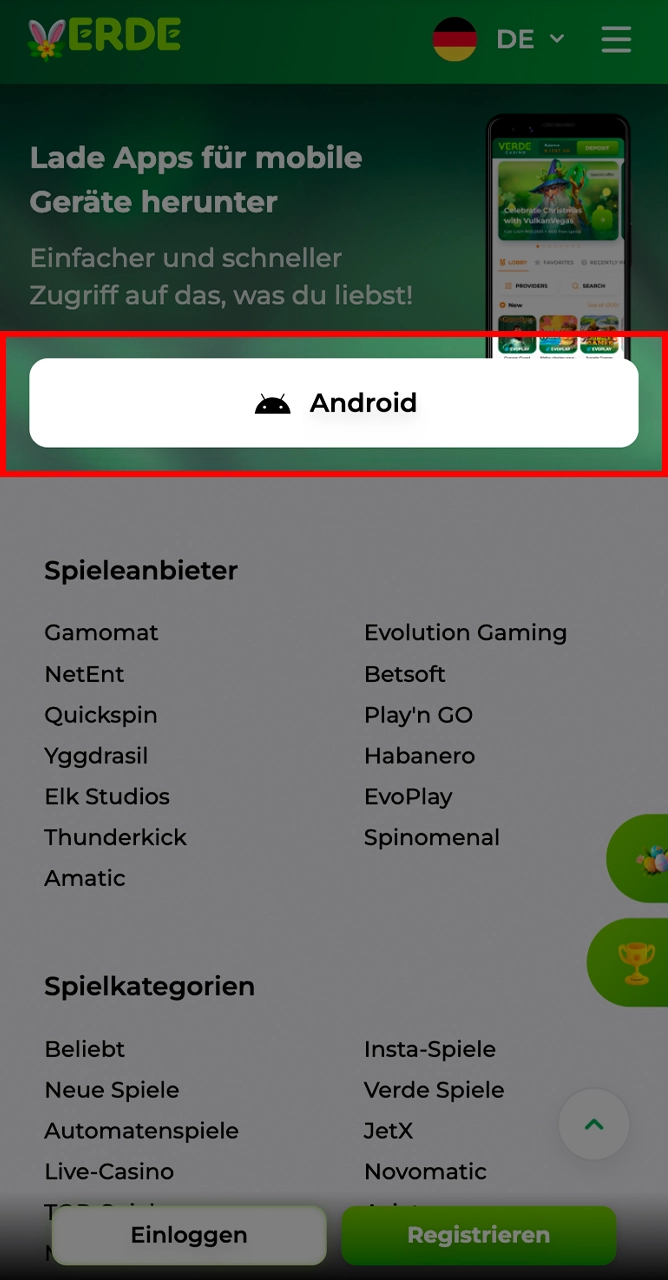 Klicken Sie auf die Schaltfläche der Verde-App für Android.