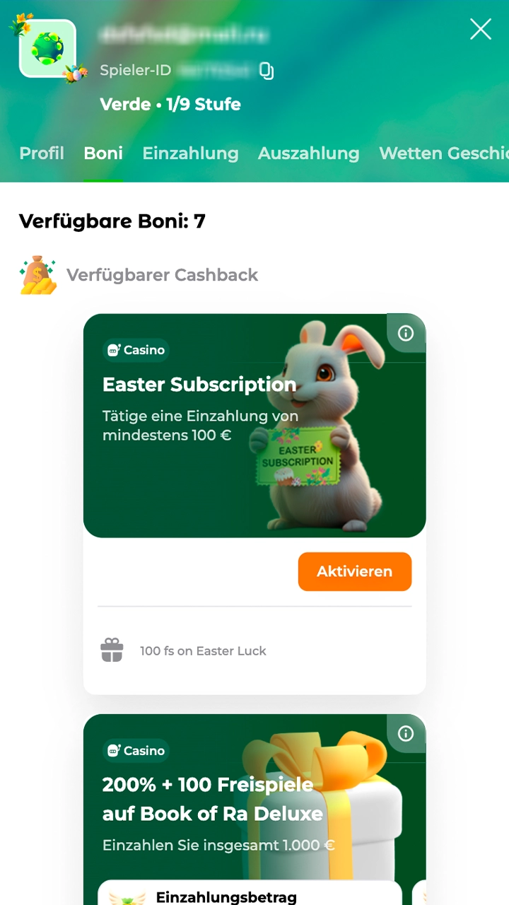 Überprüfen Sie die Bonusaktivierung in Ihrem Verde-Konto.