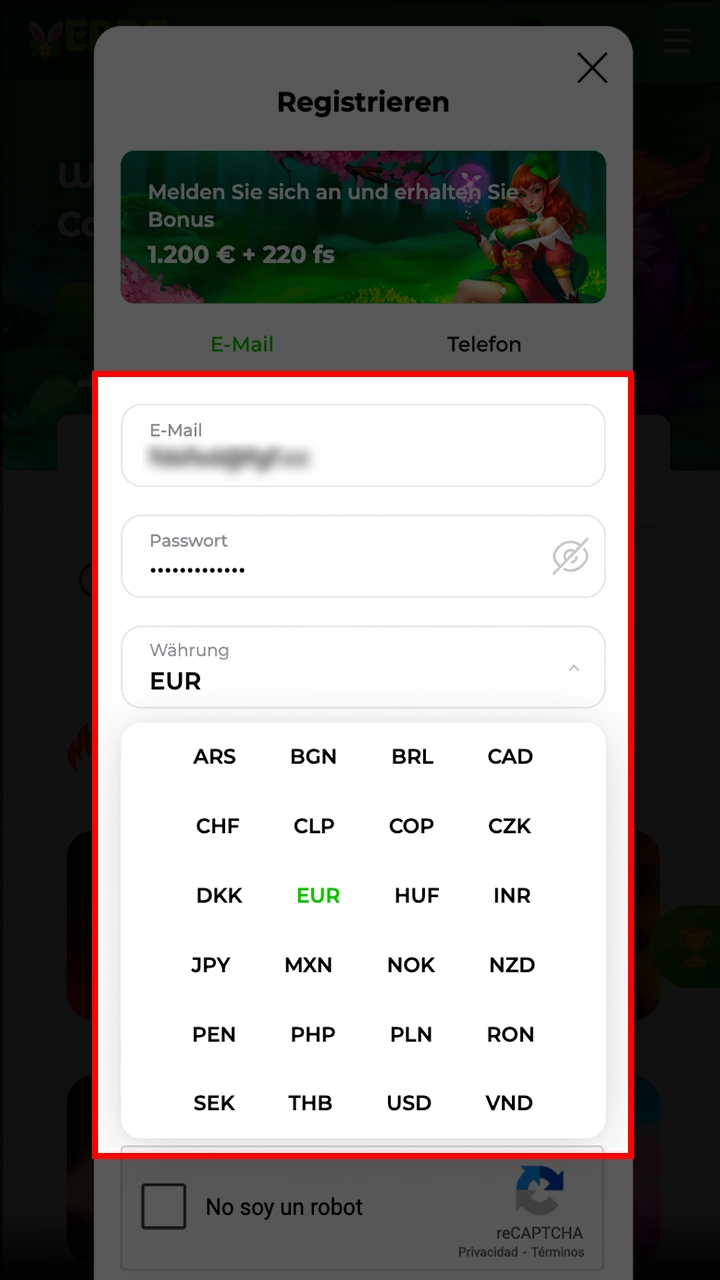 Füllen Sie die Informationen aus, um sich im Verde Casino zu registrieren.