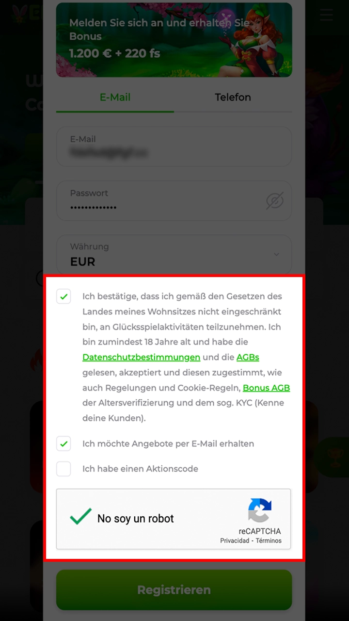 Lesen und akzeptieren Sie die Regeln von Verde Sasino für die Registrierung.