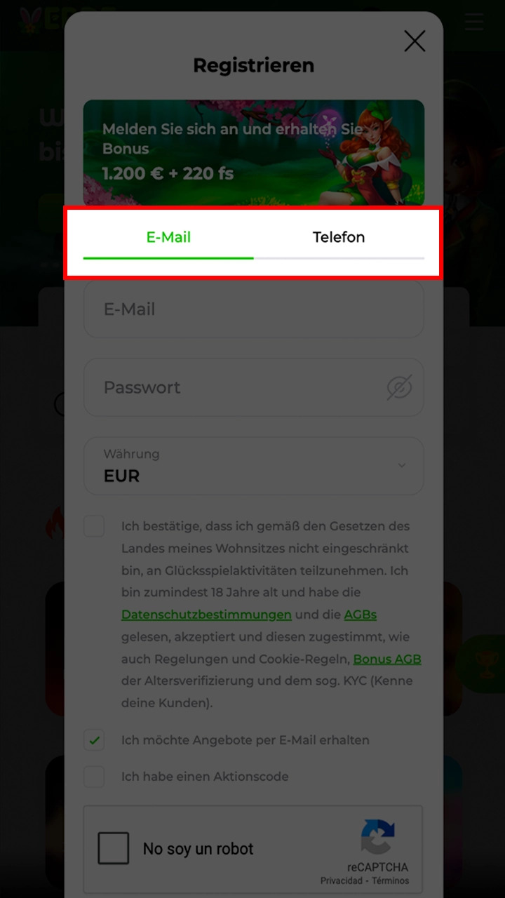 Wählen Sie eine bequeme Methode zur Registrierung bei Verde Casino.