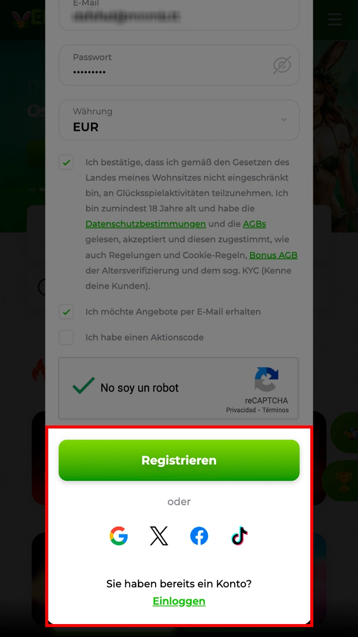 Schließen Sie die Kontoregistrierung in Verde ab.