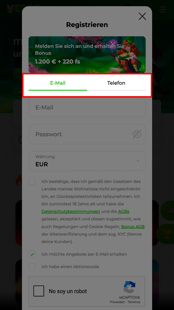 Wählen Sie eine für Sie bequeme Methode der Anmeldung bei Verde.