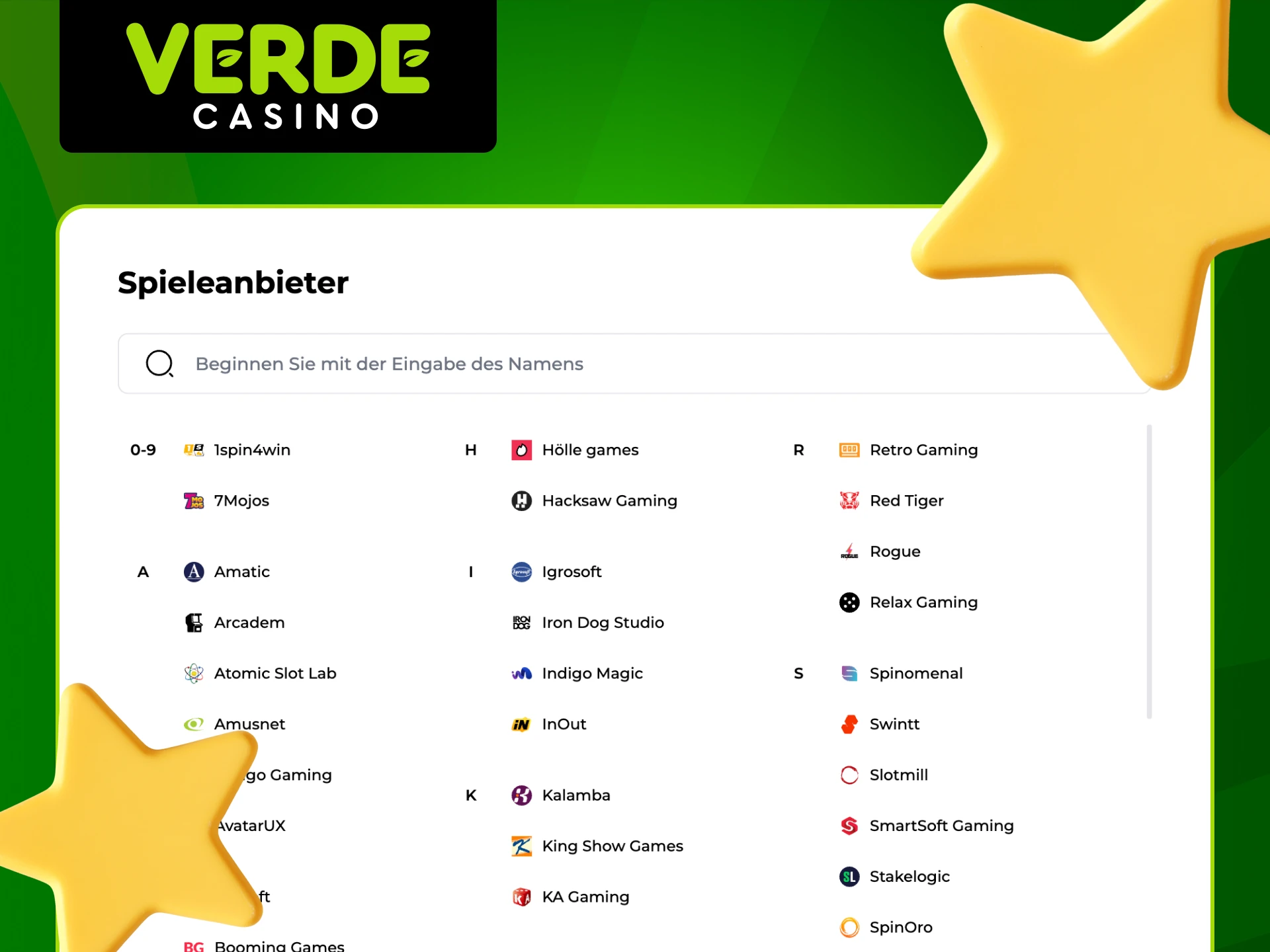 Top Slot-Anbieter exklusiv bei Verde Casino.