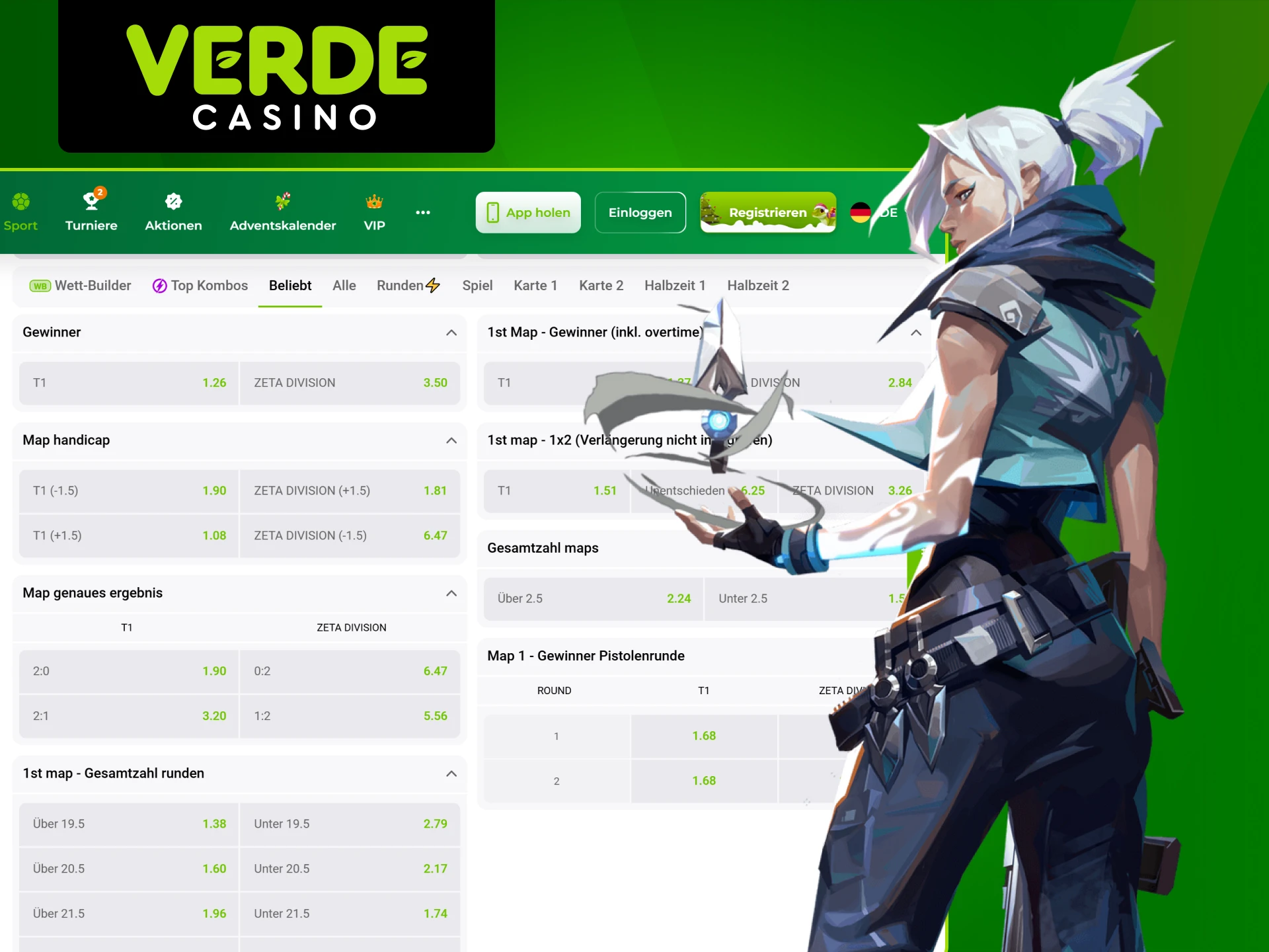 Wetten Sie auf Ihr Lieblingsspiel Valorant und gewinnen Sie mit Verde Casino.