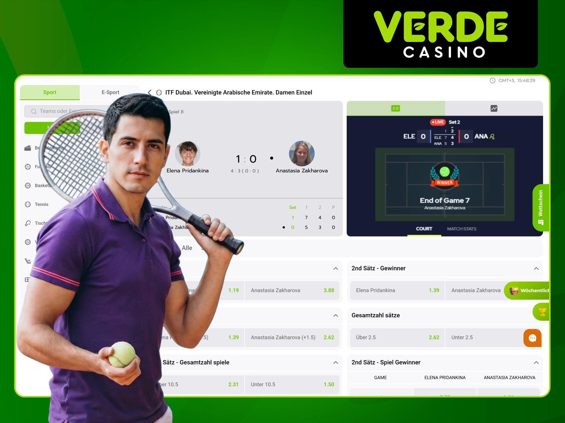 Tippen Sie auf den Sieger des Tennismatches und gewinnen Sie im Verde Casino.
